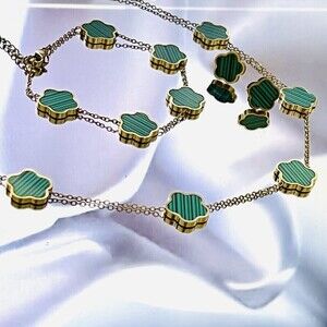 18K Gold Plated Green Malachite Clover Jewelry Set stainless steel womens